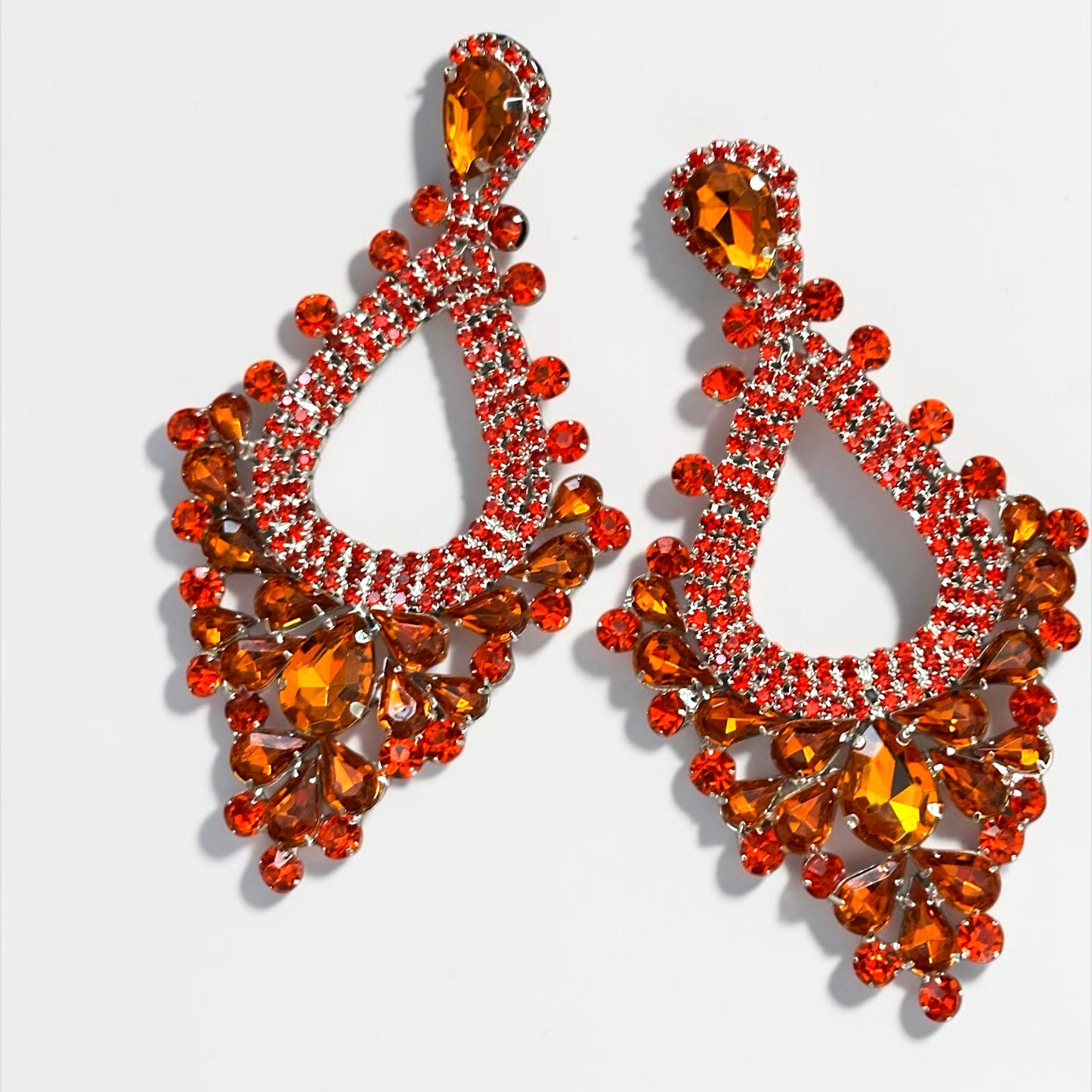 Orange Rhinestone Statement Earrings – Large Teardrop Drop Earrings in Gold & Silver | Bold Glam Wedding Guest & Party Earrings - Fatisha Boutique #