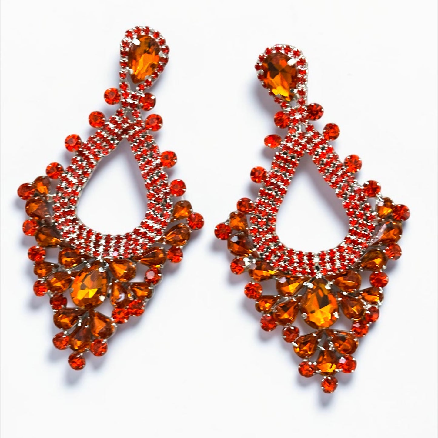 Orange Rhinestone Statement Earrings – Large Teardrop Drop Earrings in Gold & Silver | Bold Glam Wedding Guest & Party Earrings - Fatisha Boutique #