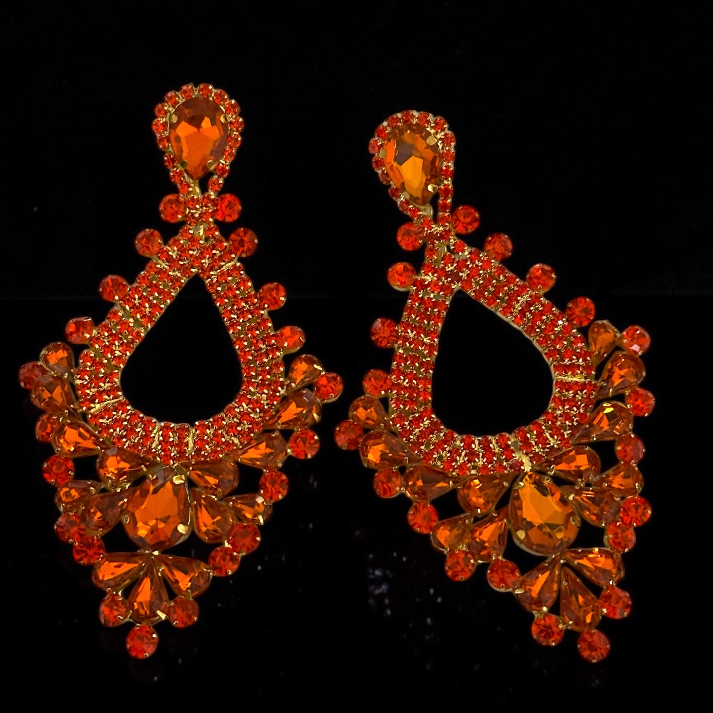 Orange Rhinestone Statement Earrings – Large Teardrop Drop Earrings in Gold & Silver | Bold Glam Wedding Guest & Party Earrings - Fatisha Boutique #