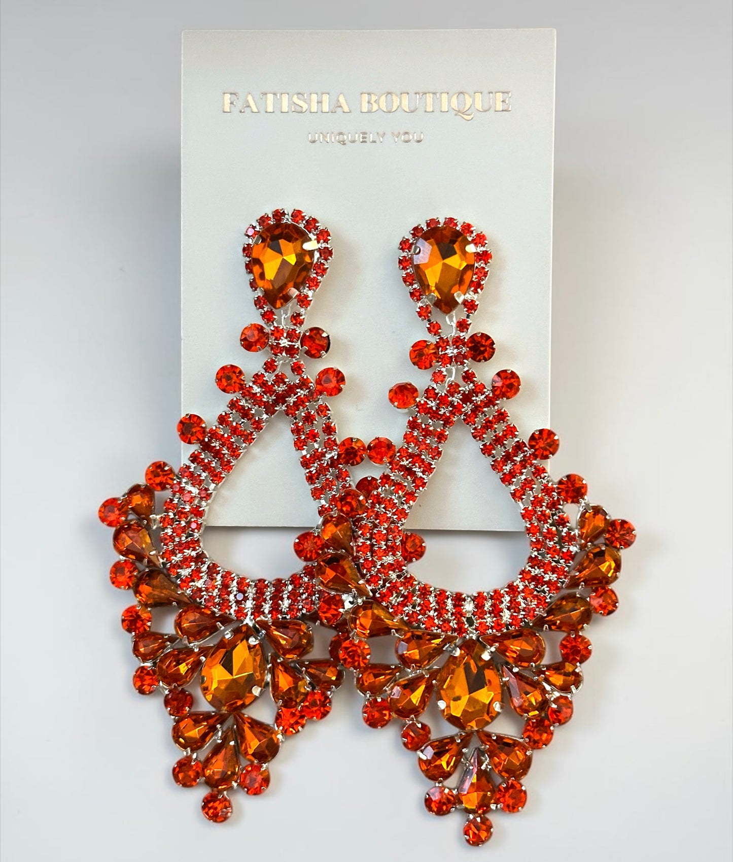 Orange Rhinestone Statement Earrings – Large Teardrop Drop Earrings in Gold & Silver | Bold Glam Wedding Guest & Party Earrings - Fatisha Boutique #
