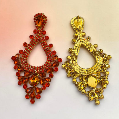 Orange Rhinestone Statement Earrings – Large Teardrop Drop Earrings in Gold & Silver | Bold Glam Wedding Guest & Party Earrings - Fatisha Boutique #
