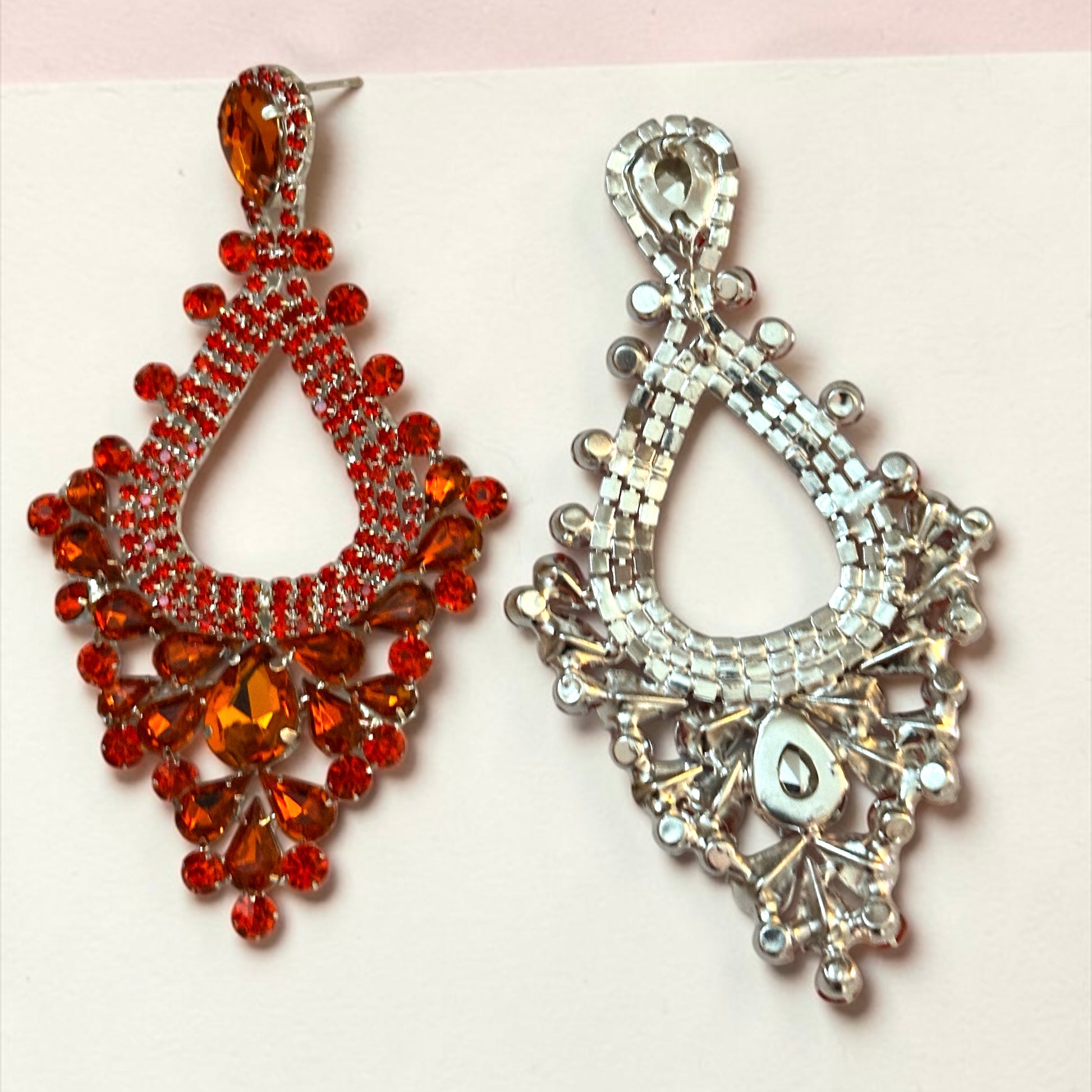 Orange Rhinestone Statement Earrings – Large Teardrop Drop Earrings in Gold & Silver | Bold Glam Wedding Guest & Party Earrings - Fatisha Boutique #