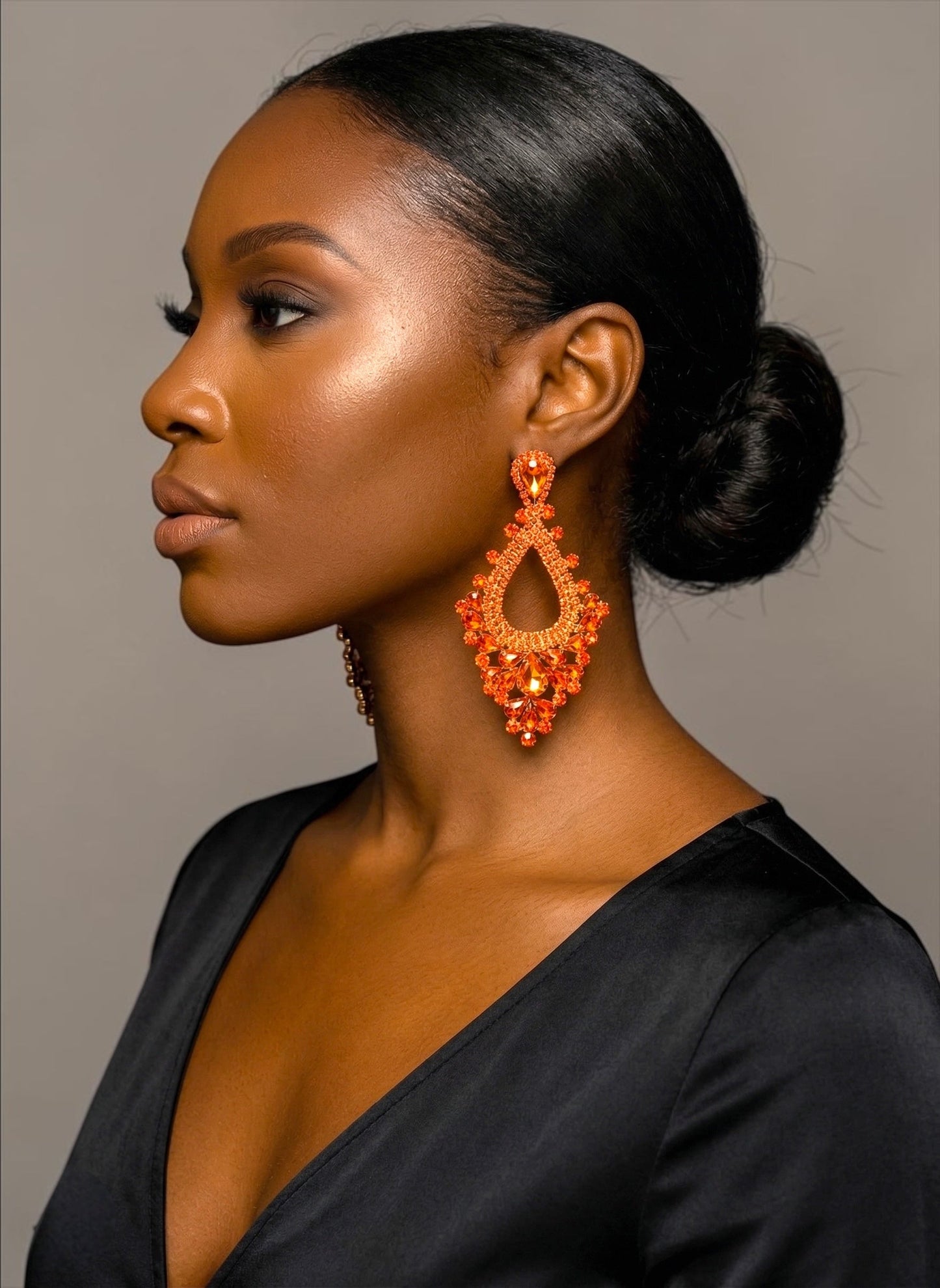 Orange Rhinestone Statement Earrings – Large Teardrop Drop Earrings in Gold & Silver | Bold Glam Wedding Guest & Party Earrings - Fatisha Boutique #