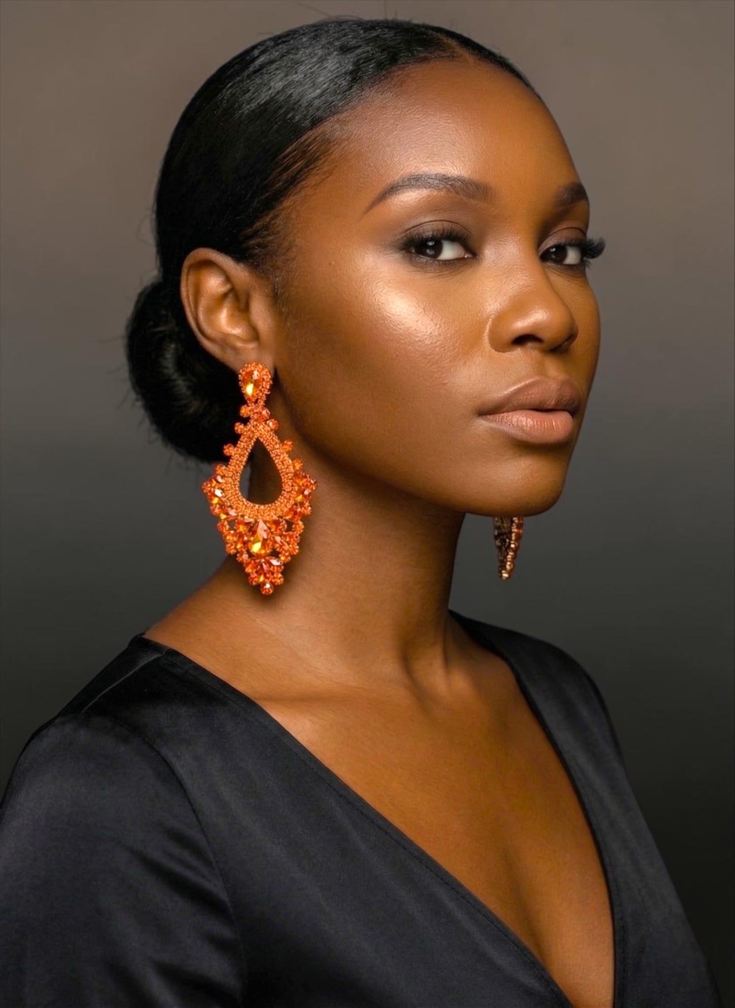Orange Rhinestone Statement Earrings – Large Teardrop Drop Earrings in Gold & Silver | Bold Glam Wedding Guest & Party Earrings - Fatisha Boutique #
