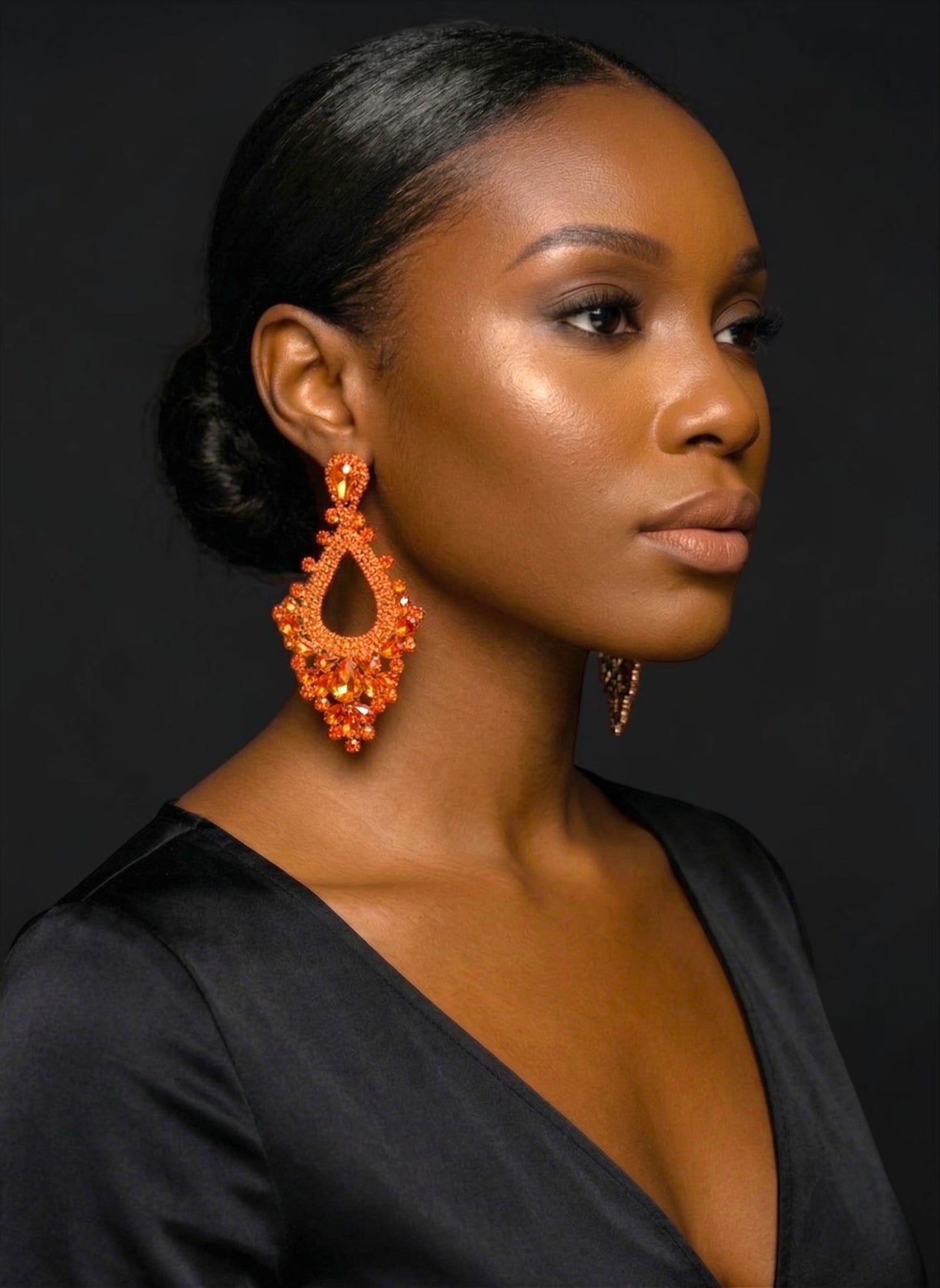 Orange Rhinestone Statement Earrings – Large Teardrop Drop Earrings in Gold & Silver | Bold Glam Wedding Guest & Party Earrings - Fatisha Boutique #