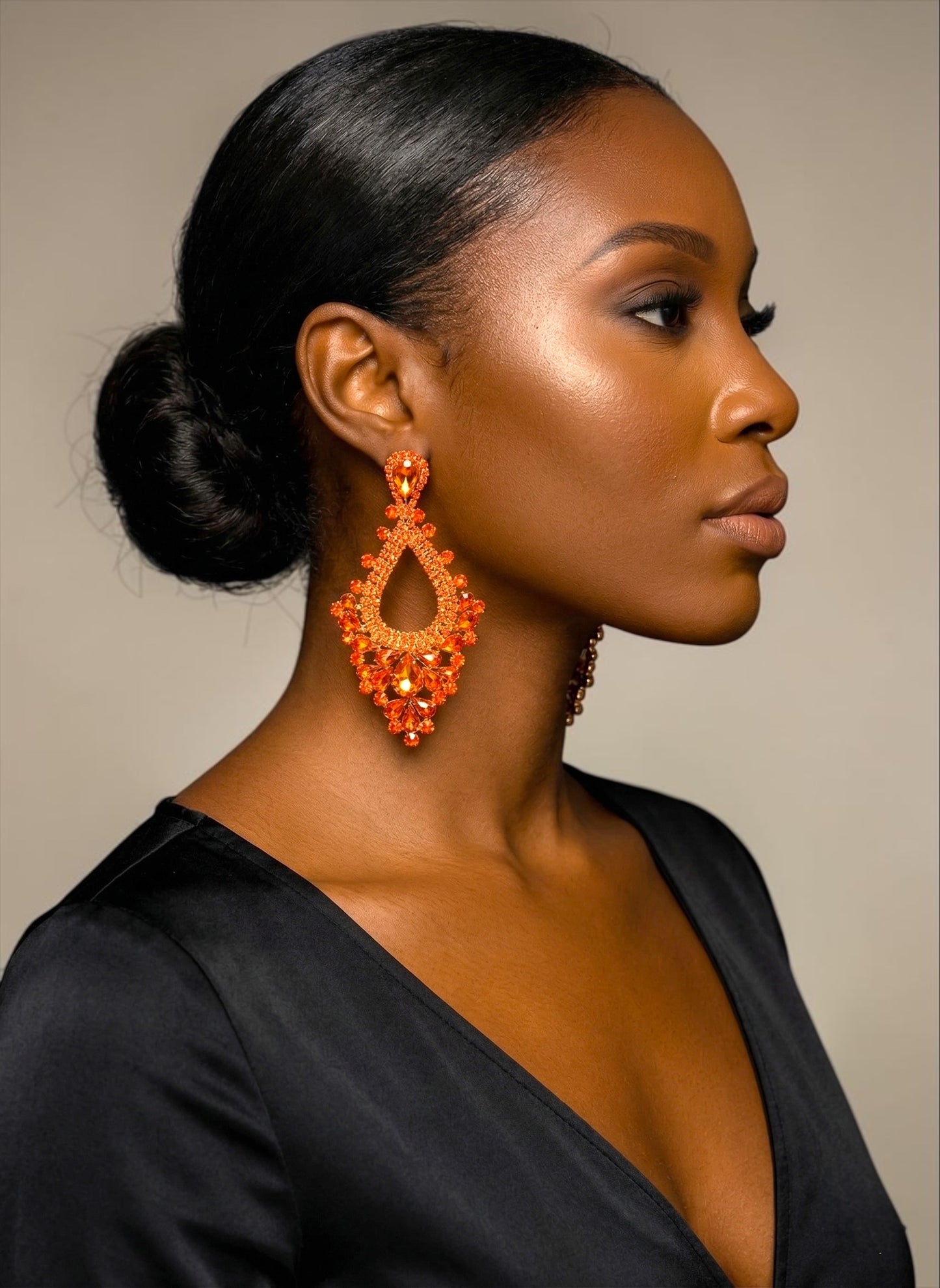 Orange Rhinestone Statement Earrings – Large Teardrop Drop Earrings in Gold & Silver | Bold Glam Wedding Guest & Party Earrings - Fatisha Boutique #