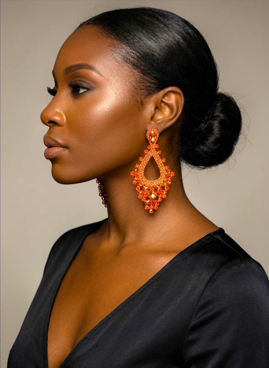 Orange Rhinestone Statement Earrings – Large Teardrop Drop Earrings in Gold & Silver | Bold Glam Wedding Guest & Party Earrings - Fatisha Boutique #