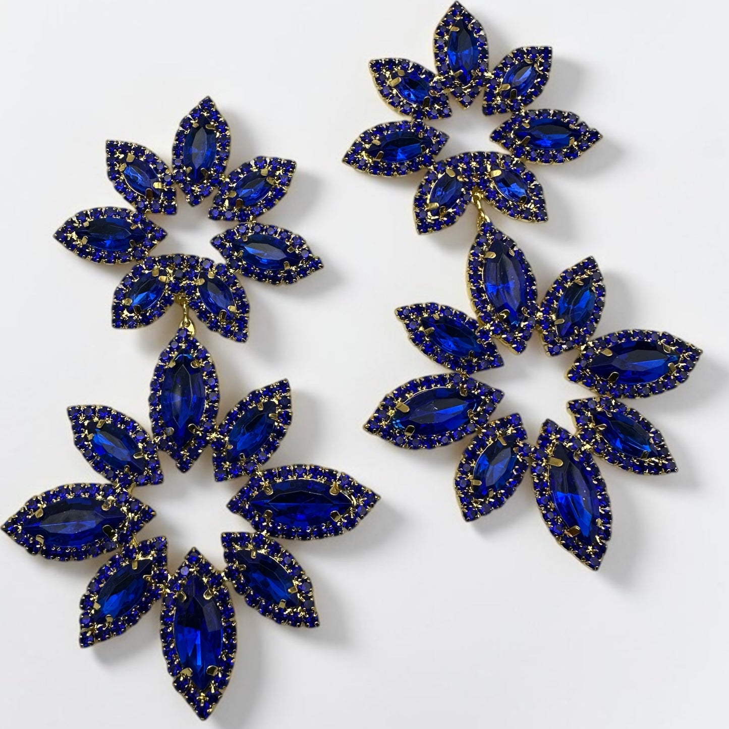 Blue Rhinestone Statement Earrings – Oversized Floral Drop Earrings in Gold & Silver | Luxury Evening & Wedding Guest Earrings - Fatisha Boutique #