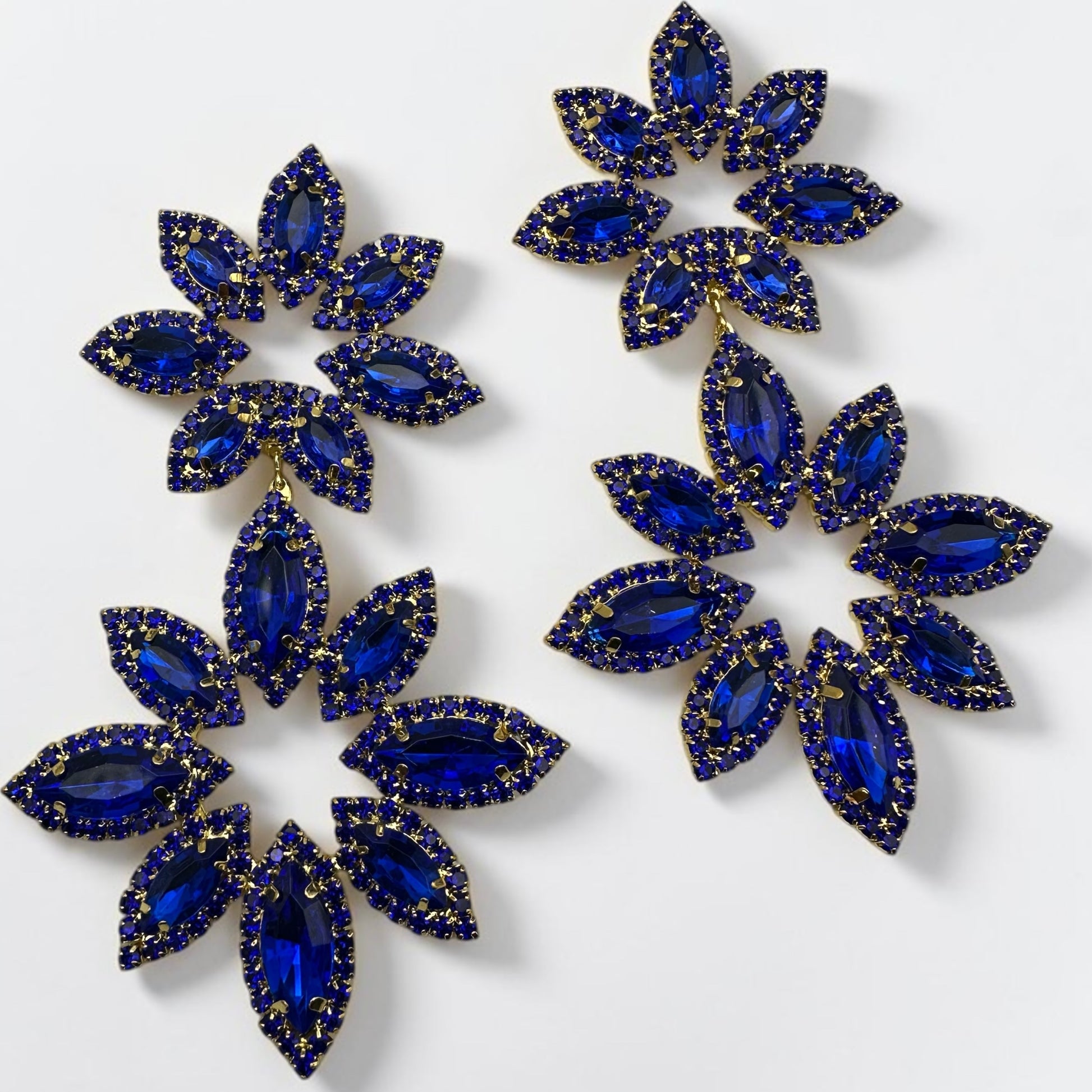 Blue Rhinestone Statement Earrings – Oversized Floral Drop Earrings in Gold & Silver | Luxury Evening & Wedding Guest Earrings - Fatisha Boutique #