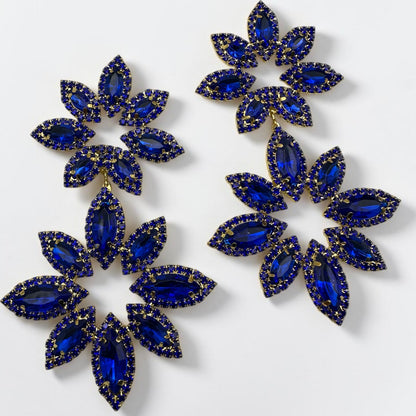 Blue Rhinestone Statement Earrings – Oversized Floral Drop Earrings in Gold & Silver | Luxury Evening & Wedding Guest Earrings - Fatisha Boutique #