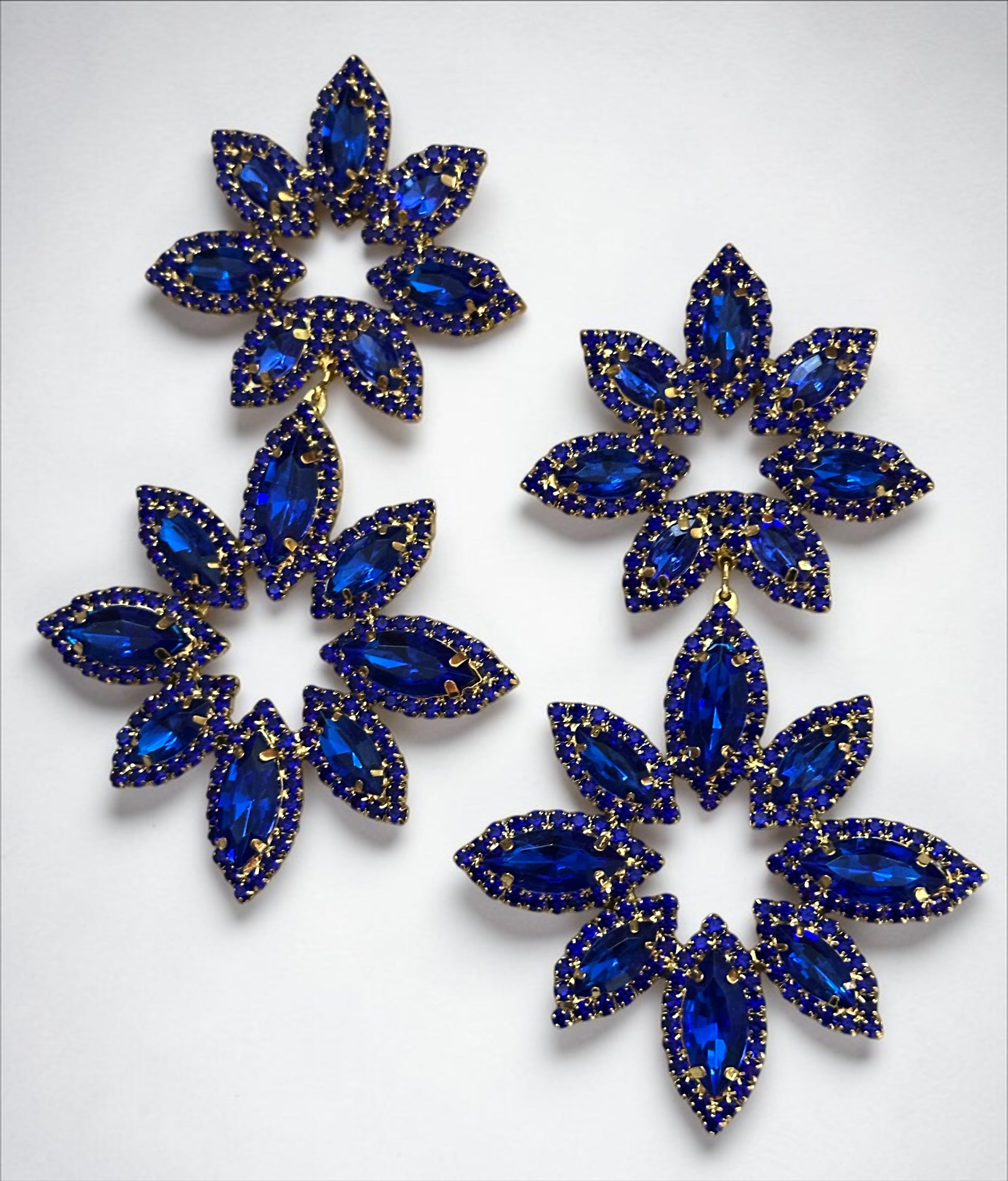 Blue Rhinestone Statement Earrings – Oversized Floral Drop Earrings in Gold & Silver | Luxury Evening & Wedding Guest Earrings - Fatisha Boutique #