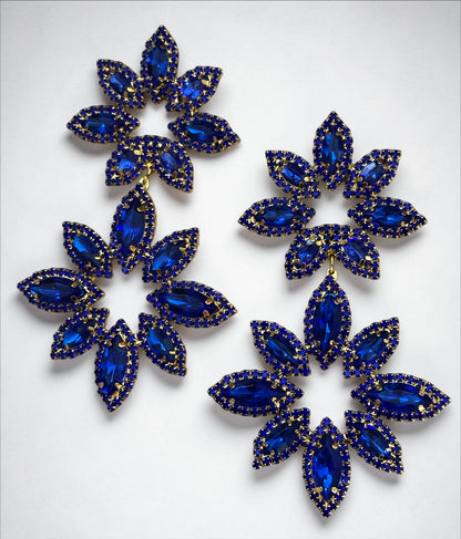 Blue Rhinestone Statement Earrings – Oversized Floral Drop Earrings in Gold & Silver | Luxury Evening & Wedding Guest Earrings - Fatisha Boutique #
