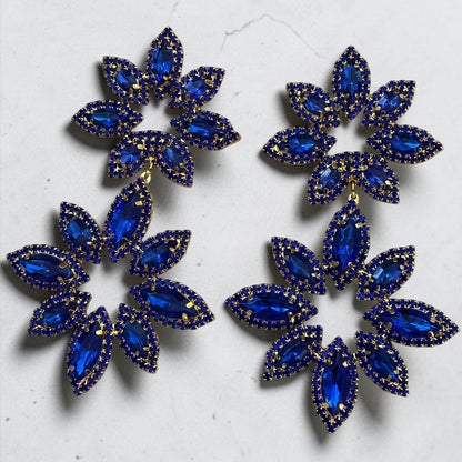 Blue Rhinestone Statement Earrings – Oversized Floral Drop Earrings in Gold & Silver | Luxury Evening & Wedding Guest Earrings - Fatisha Boutique #