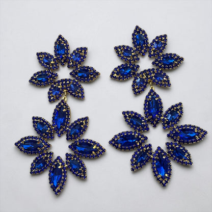 Blue Rhinestone Statement Earrings – Oversized Floral Drop Earrings in Gold & Silver | Luxury Evening & Wedding Guest Earrings - Fatisha Boutique #