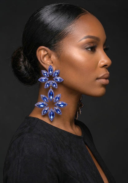 Blue Rhinestone Statement Earrings – Oversized Floral Drop Earrings in Gold & Silver | Luxury Evening & Wedding Guest Earrings - Fatisha Boutique #
