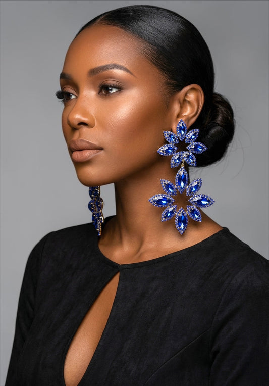 Blue Rhinestone Statement Earrings – Oversized Floral Drop Earrings in Gold & Silver | Luxury Evening & Wedding Guest Earrings - Fatisha Boutique #