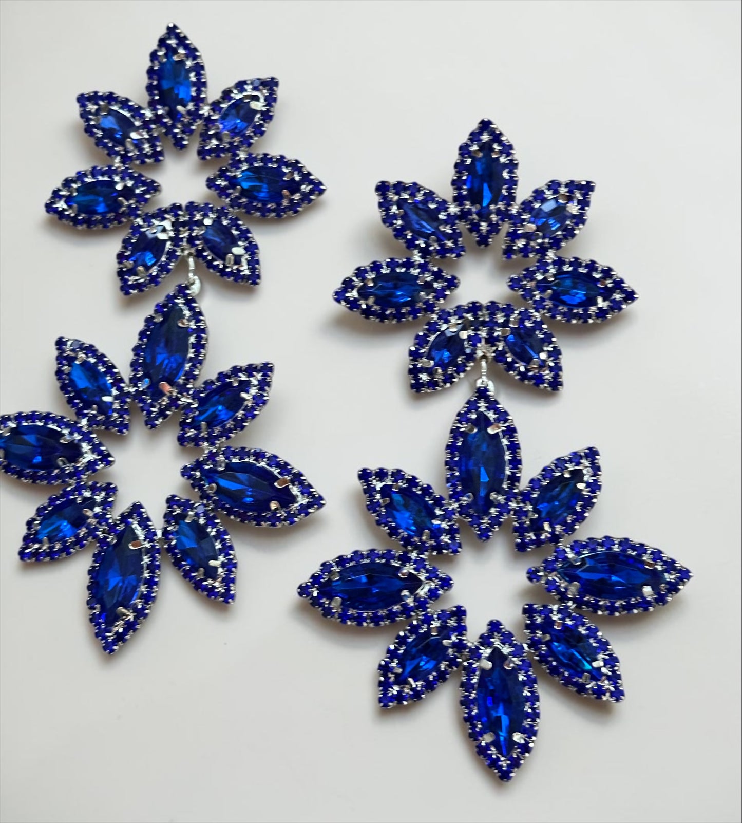 Blue Rhinestone Statement Earrings – Oversized Floral Drop Earrings in Gold & Silver | Luxury Evening & Wedding Guest Earrings - Fatisha Boutique #