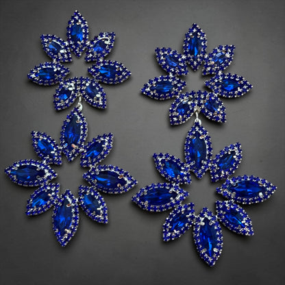 Blue Rhinestone Statement Earrings – Oversized Floral Drop Earrings in Gold & Silver | Luxury Evening & Wedding Guest Earrings - Fatisha Boutique #