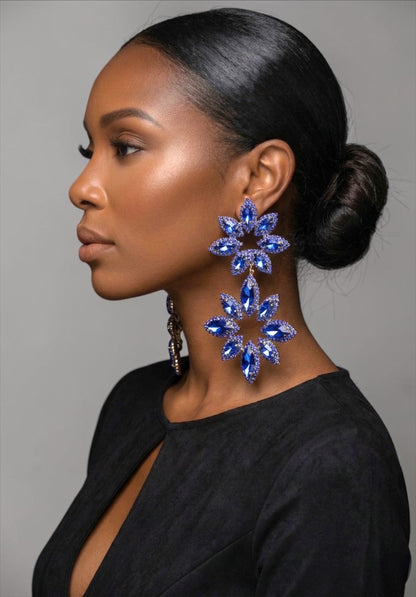 Blue Rhinestone Statement Earrings – Oversized Floral Drop Earrings in Gold & Silver | Luxury Evening & Wedding Guest Earrings - Fatisha Boutique #