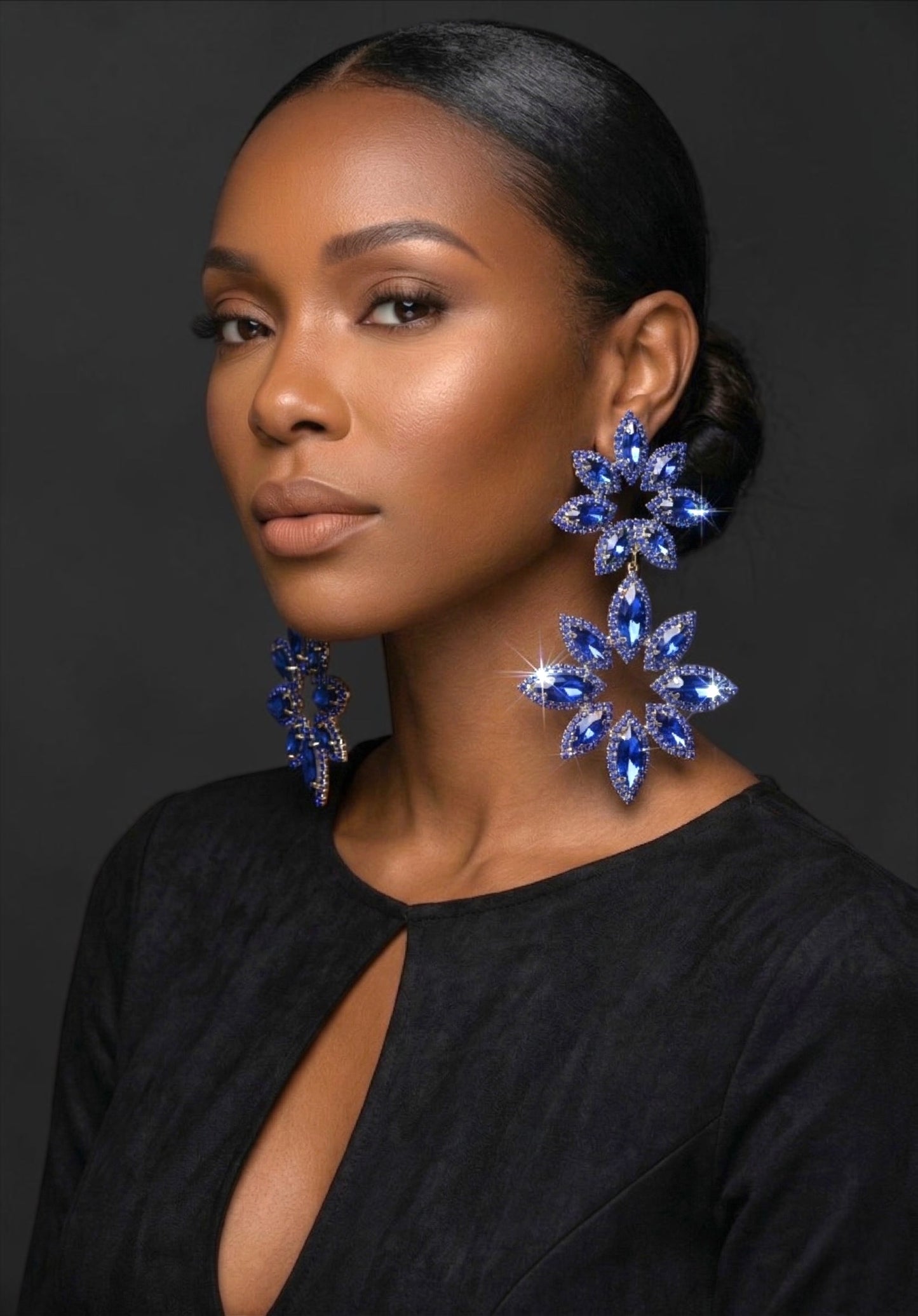 Blue Rhinestone Statement Earrings – Oversized Floral Drop Earrings in Gold & Silver | Luxury Evening & Wedding Guest Earrings - Fatisha Boutique #