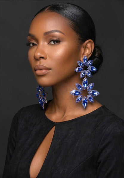 Blue Rhinestone Statement Earrings – Oversized Floral Drop Earrings in Gold & Silver | Luxury Evening & Wedding Guest Earrings - Fatisha Boutique #