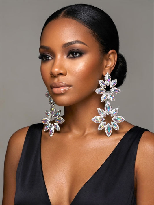 AB Crystal Statement Earrings – Oversized Rhinestone Drop Earrings in Silver | Luxury Wedding & Evening Jewellery