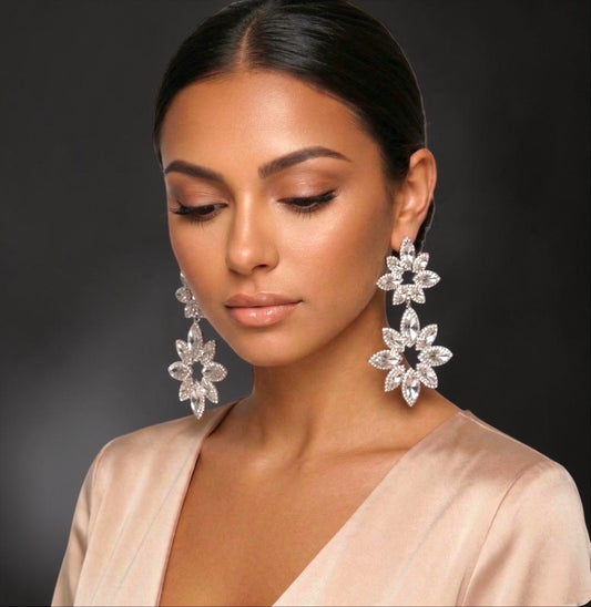 Crystal Flower Statement Earrings – Luxury Rhinestone Drop Earrings for Wedding & Prom - Fatisha Boutique #