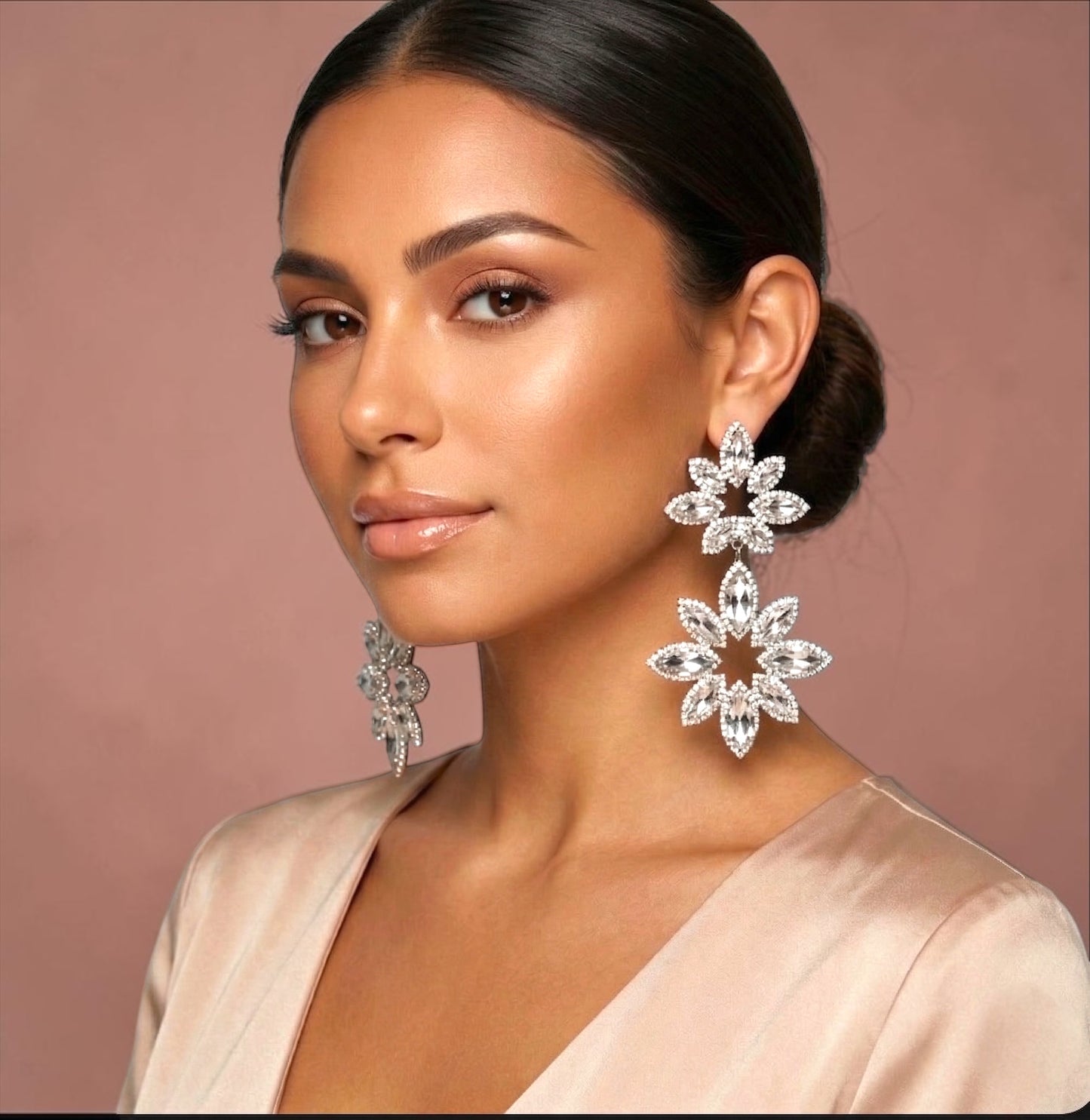 Crystal Flower Statement Earrings – Luxury Rhinestone Drop Earrings for Wedding & Prom - Fatisha Boutique #