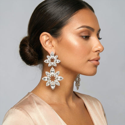 Crystal Flower Statement Earrings – Luxury Rhinestone Drop Earrings for Wedding & Prom - Fatisha Boutique #