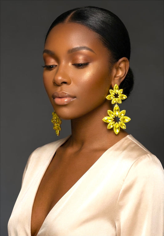 Yellow Rhinestone Statement Earrings – Oversized Luxury Crystal Drop Earrings - Fatisha Boutique #