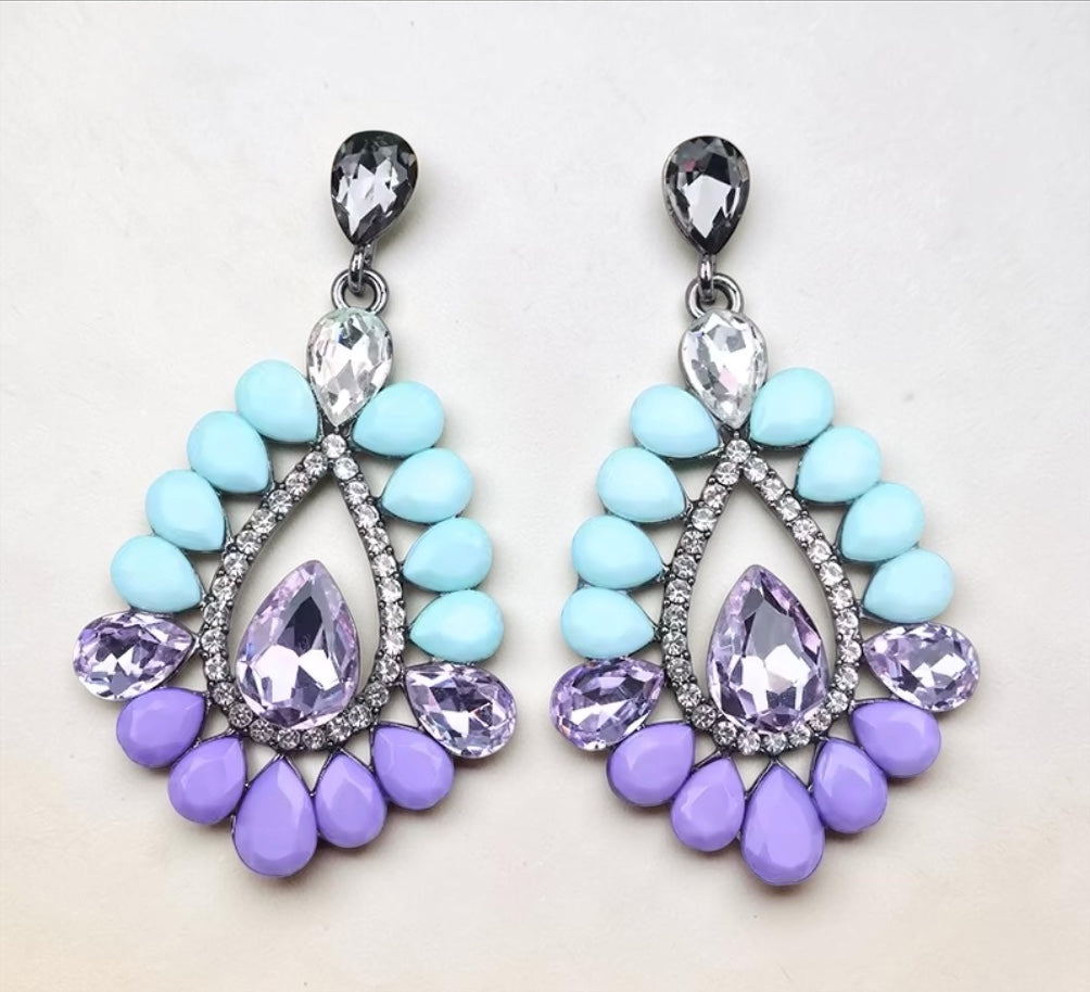 Purple & Blue Statement Earrings – Beaded Rhinestone Drop Earrings for Women - Fatisha Boutique #