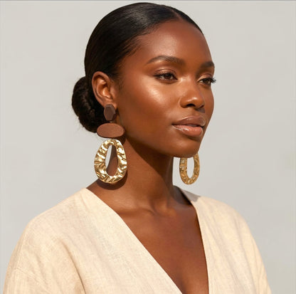 Brown Wooden & Gold Statement Earrings – Ethnic Boho Drop Earrings, Bold Handmade Style Jewellery - Fatisha Boutique #