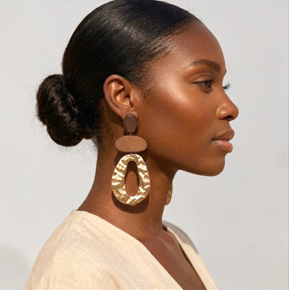 Brown Wooden & Gold Statement Earrings – Ethnic Boho Drop Earrings, Bold Handmade Style Jewellery - Fatisha Boutique #
