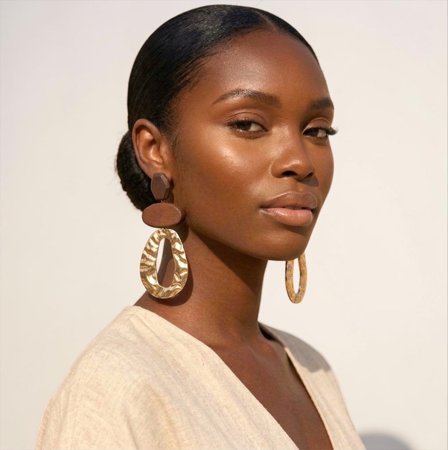 Brown Wooden & Gold Statement Earrings – Ethnic Boho Drop Earrings, Bold Handmade Style Jewellery - Fatisha Boutique #