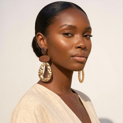 Brown Wooden & Gold Statement Earrings – Ethnic Boho Drop Earrings, Bold Handmade Style Jewellery - Fatisha Boutique #