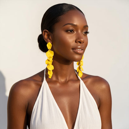 Boho Floral Statement Earrings – Long Lightweight Acrylic Petal Drop Earrings