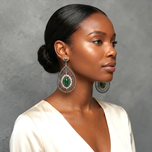 Elegant Green Teardrop Statement Earrings – Rhinestone Vintage-Inspired Drop Jewellery