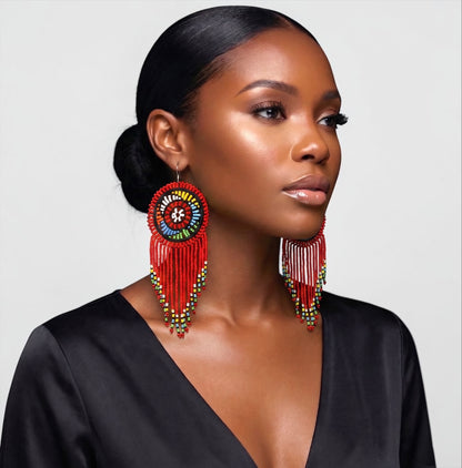 Maasai Beaded Statement Earrings – Handmade African Tassel Drop Earrings, Bold Ethnic Jewellery - Fatisha Boutique #