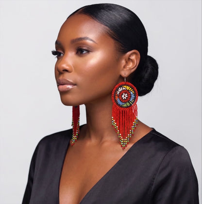 Maasai Beaded Statement Earrings – Handmade African Tassel Drop Earrings, Bold Ethnic Jewellery - Fatisha Boutique #