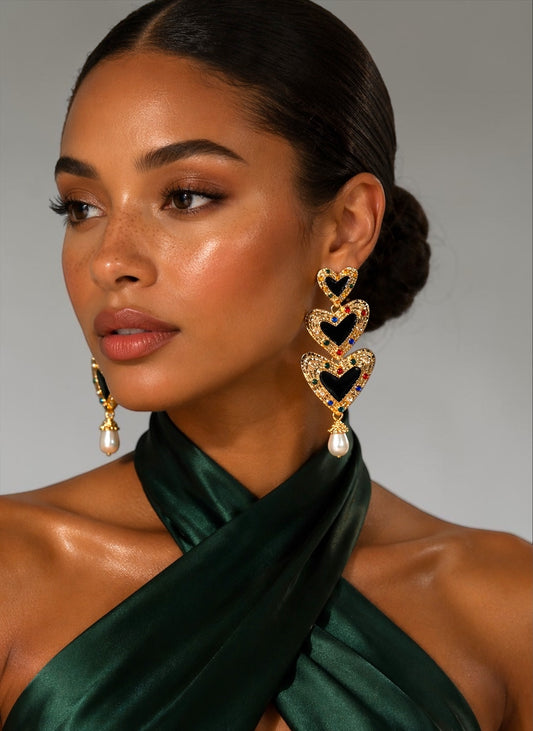 Gold Heart Drop Statement Earrings – Pearl Dangle Evening Jewellery