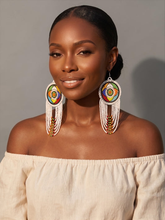 Long African Multicoloured Beaded Tassel Earrings – Ethnic Artisan Jewellery