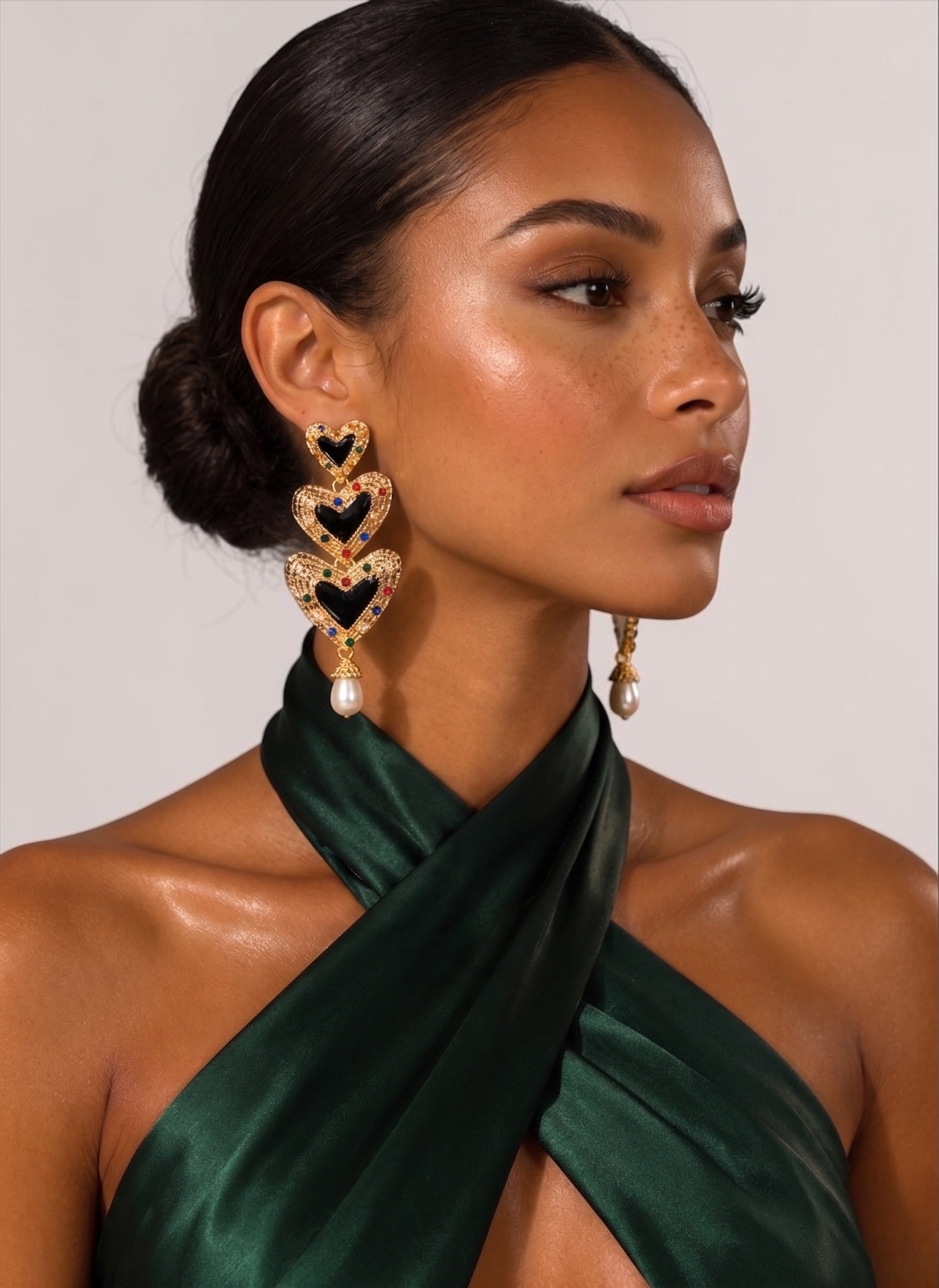 Gold Heart Drop Statement Earrings – Pearl Dangle Evening Jewellery - Fatisha Boutique #