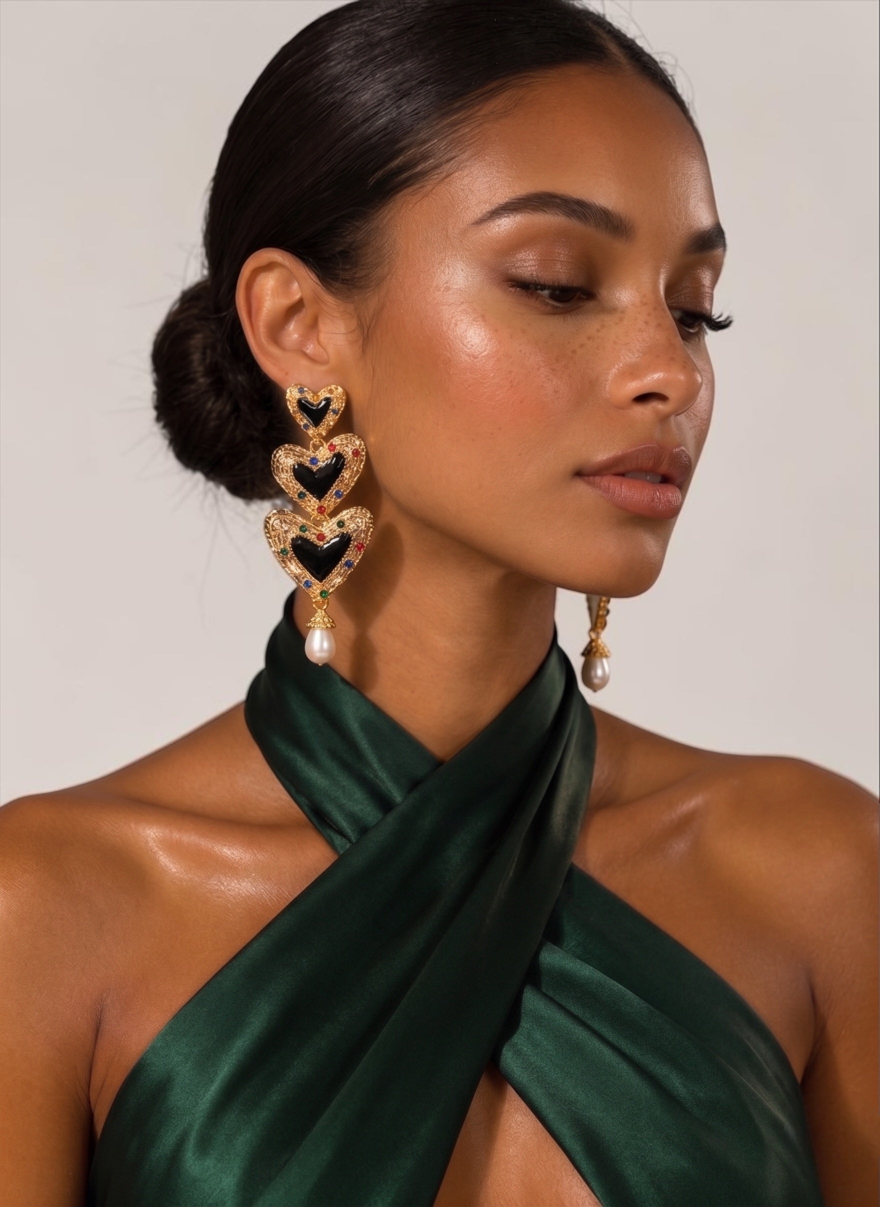 Gold Heart Drop Statement Earrings – Pearl Dangle Evening Jewellery - Fatisha Boutique #