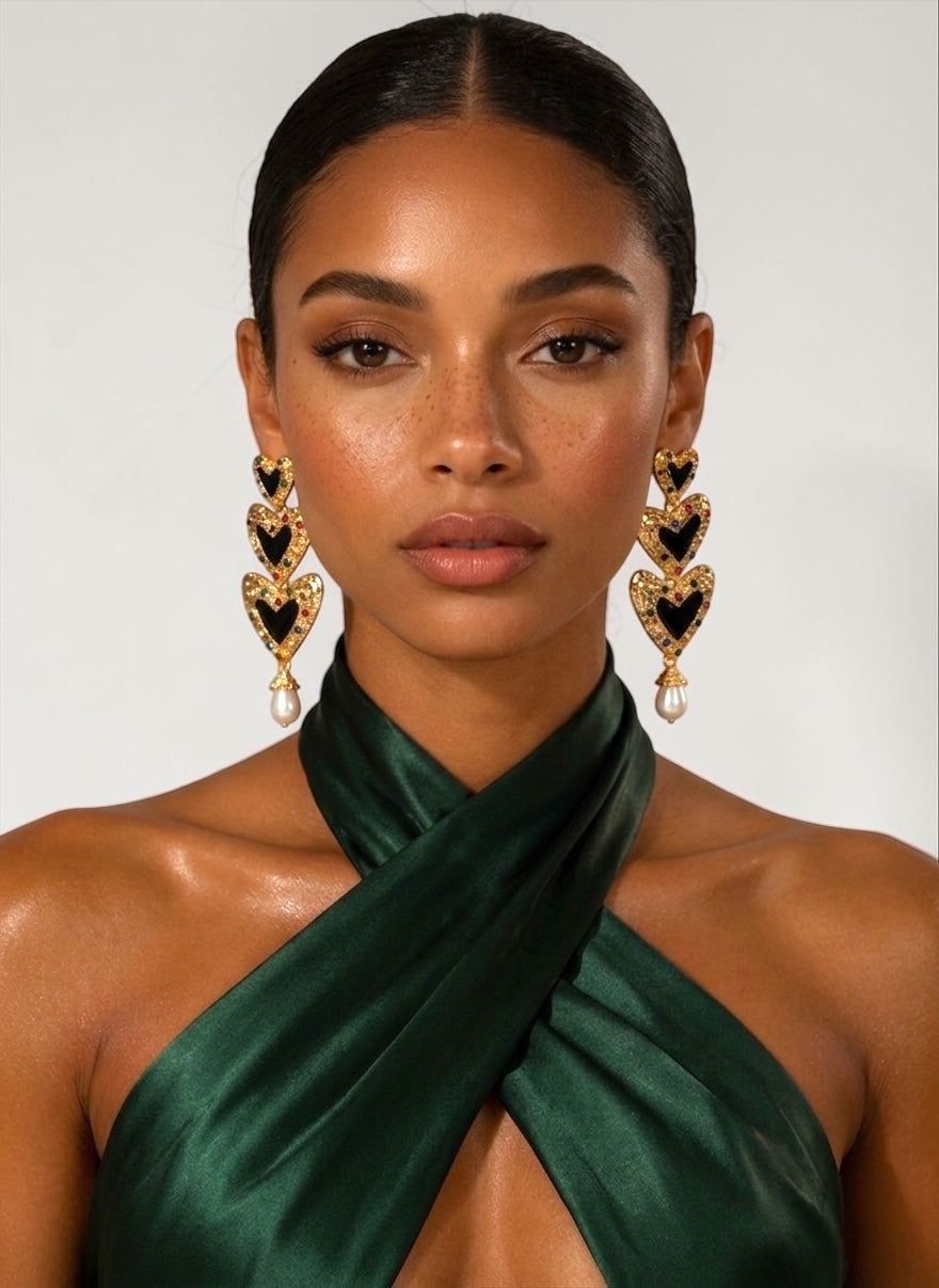 Gold Heart Drop Statement Earrings – Pearl Dangle Evening Jewellery - Fatisha Boutique #