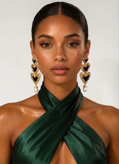 Gold Heart Drop Statement Earrings – Pearl Dangle Evening Jewellery - Fatisha Boutique #