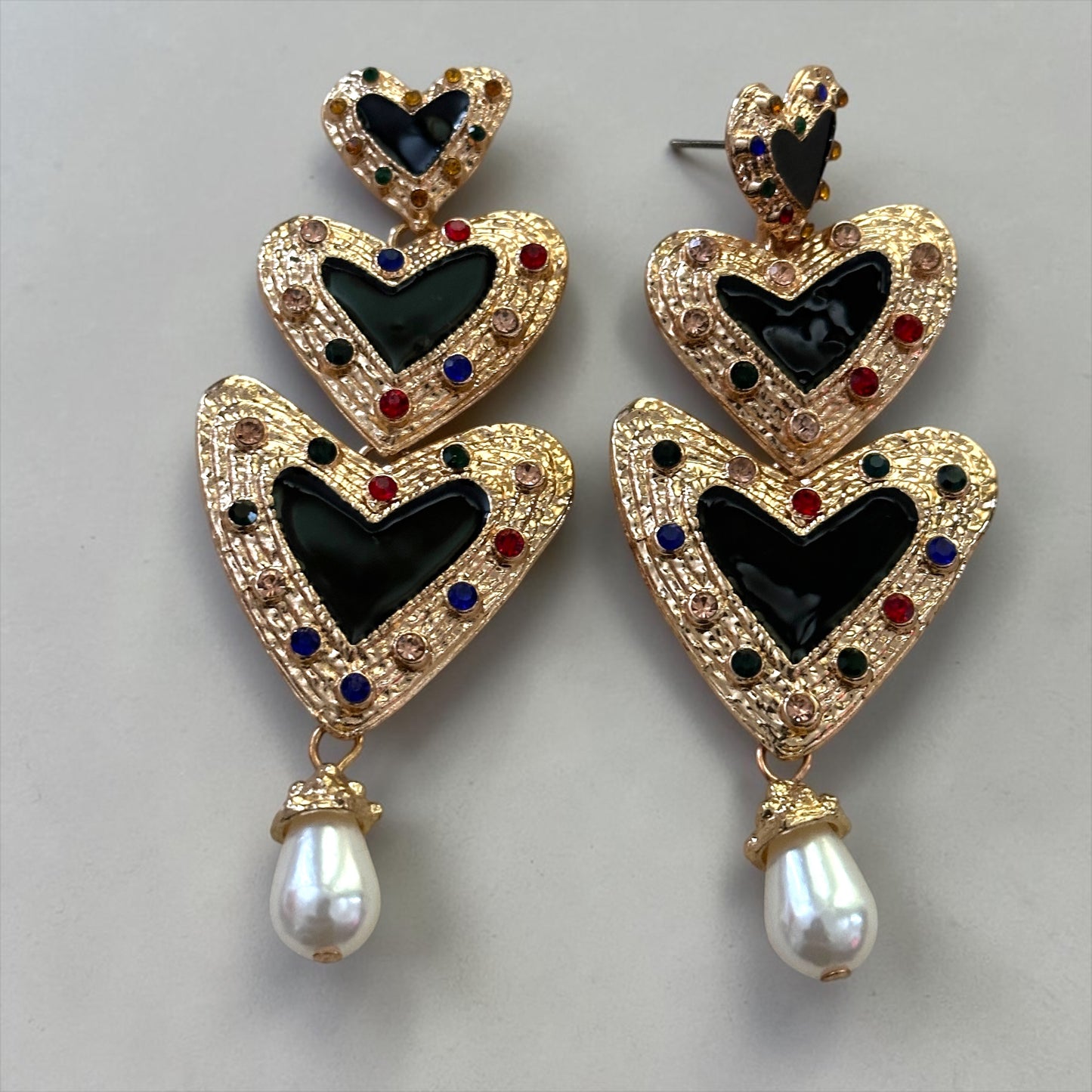 Gold Heart Drop Statement Earrings – Pearl Dangle Evening Jewellery - Fatisha Boutique #