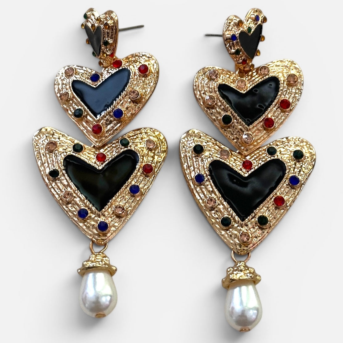 Gold Heart Drop Statement Earrings – Pearl Dangle Evening Jewellery - Fatisha Boutique #