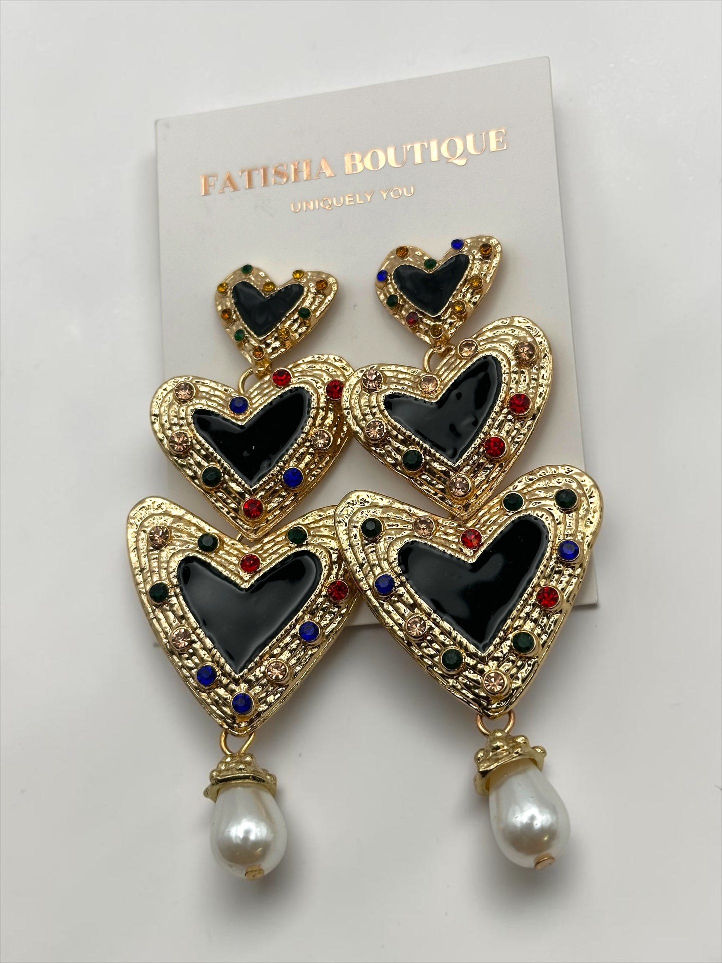 Gold Heart Drop Statement Earrings – Pearl Dangle Evening Jewellery - Fatisha Boutique #