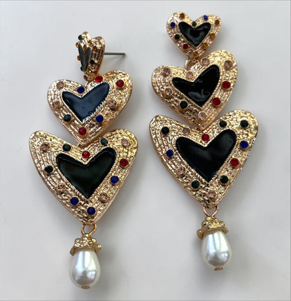 Gold Heart Drop Statement Earrings – Pearl Dangle Evening Jewellery - Fatisha Boutique #
