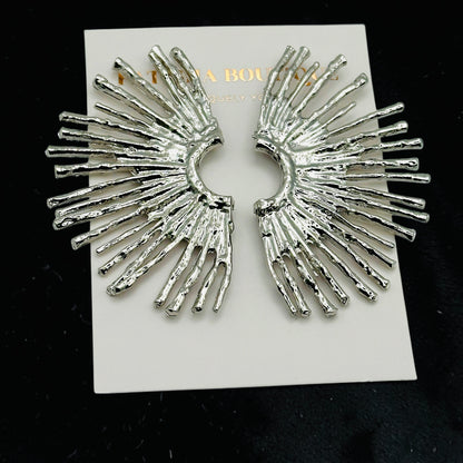 Gold & Silver Fan Statement Earrings – Hammered Sunburst Stud Drop Earrings - Fatisha Boutique #